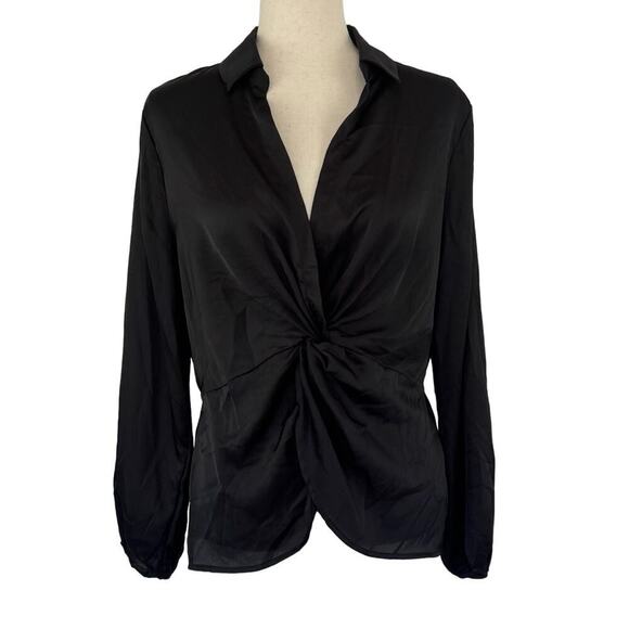 PLEIONE V-NECK TWIST FRONT COLLARED LONG SLEEVE BLOUSE IN‎ BLACK NWT SIZE SMALL - Picture 1 of 12